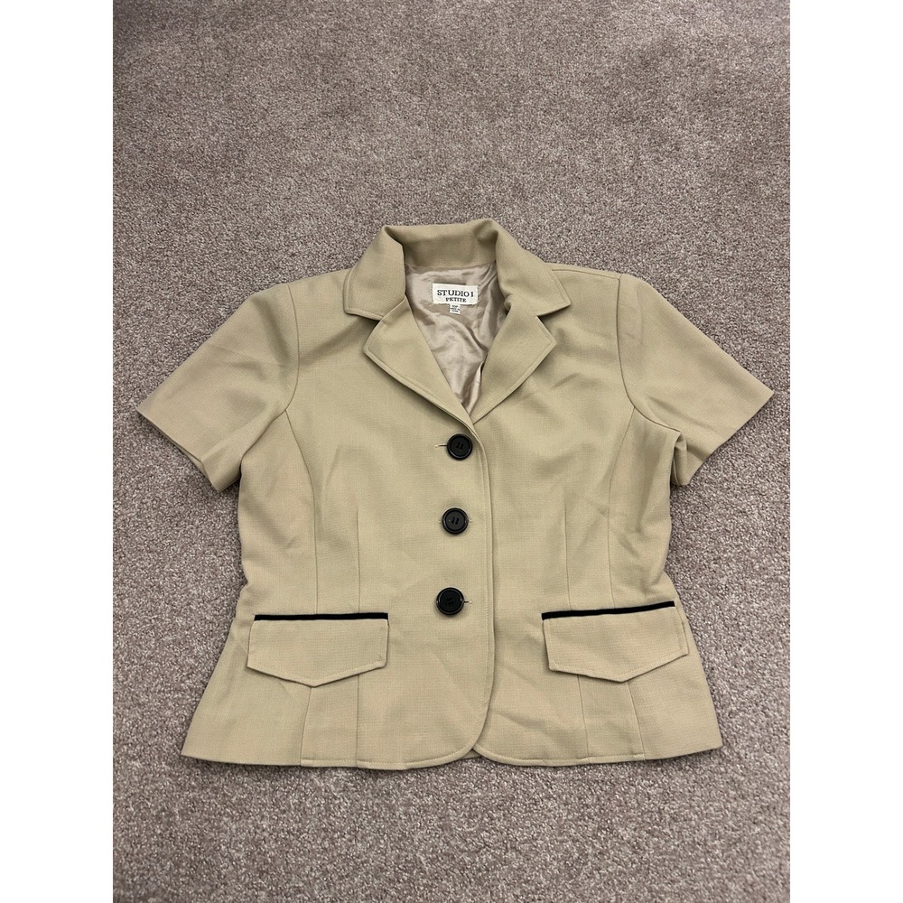 Chic Studio I Blazer Womens 10P Tan Excellent Short Sleeve Button Front Pockets